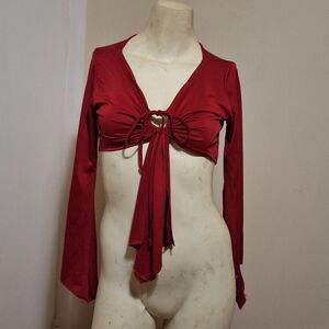 Zoey Beth Red Tie-Front Crop Blouse with 3/4 Sleeves